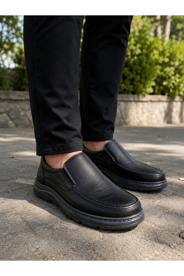 Men's Black 100% Genuine Leather Slip on Orthopedic Sole Daily Comfortable Laceless Shoes Vdz03003