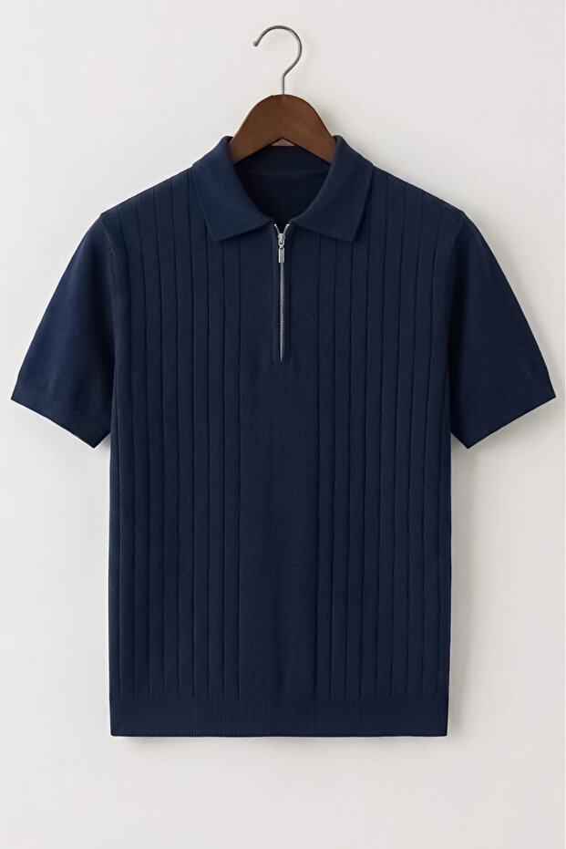 Men's Stripe Patterned Polo Collar Knitwear T-Shirt Navy Blue Cd168