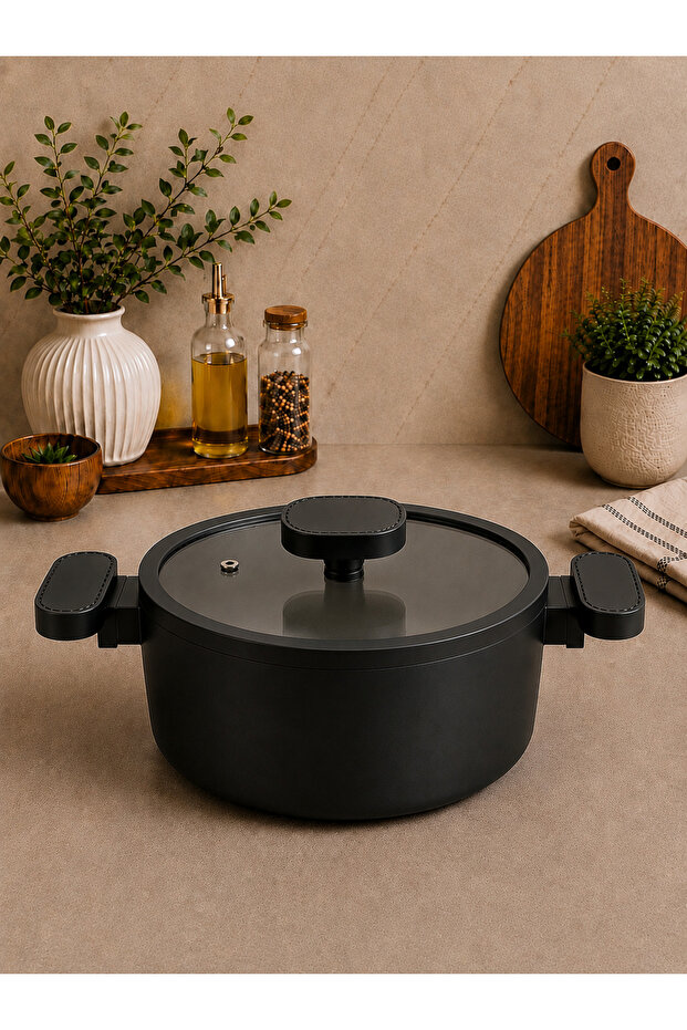 Valeria 20 cm Granite Deep Pot with Silicone Edged Glass Lid - Black