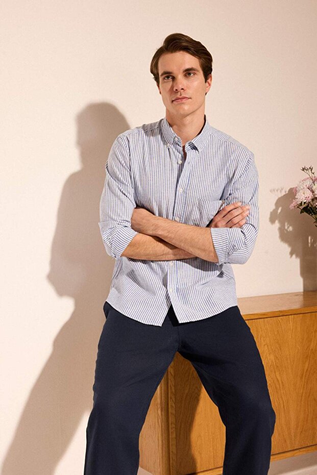 Regular Fit Polo Collar Linen Blend Long Sleeve Shirt F9322Ax26Sp