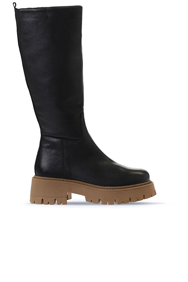 Women's Black Leather Flat Boots 01Wv3109