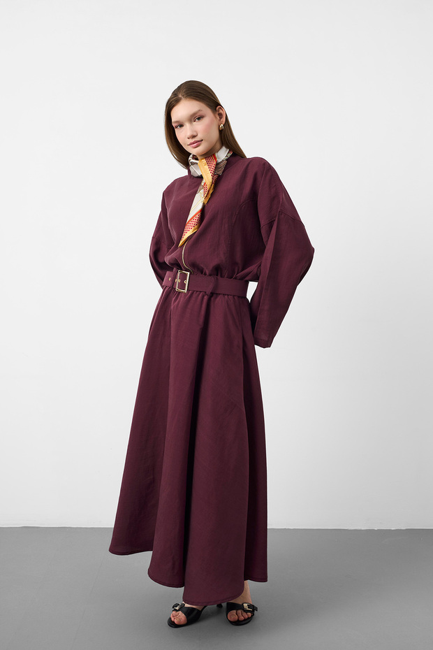 Plum women's tencel fabric skirt with belt detail, flowy textured jacket and skirt set