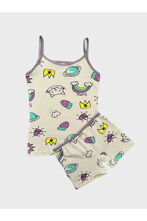 Girl's Cotton Lilac Rainbow Heart Strawberry Patterned Athlete Boxer Set