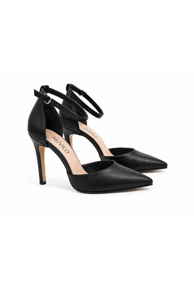 Black Skin 10.5 cm Belt Strap Pointed Toe Stiletto Thin Heels Women's Shoes
