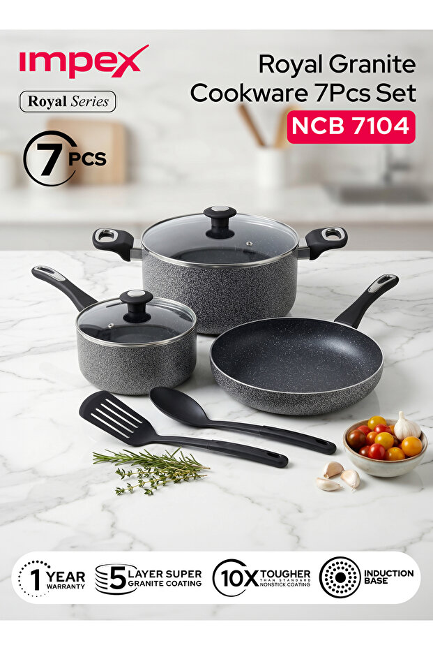 NCB 7104 7Pcs Granite Nonstick Cookware Set 5 Layer Aluminium Glass Lid Spatula 24cms 2