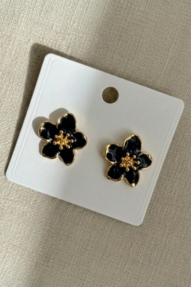 Flower Patterned Black Color Women's Earrings