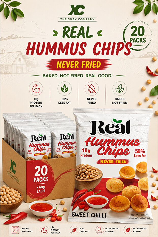 Nutrition Hummus Sweet Chilli Chips – 10g Protein, 50% Less Fat, 60g Pack (Pack Of 20)
