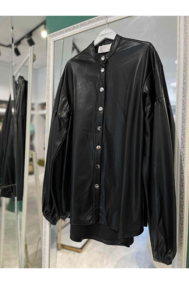 Vuu Leather Shirt Balloon Sleeve - Black - 38