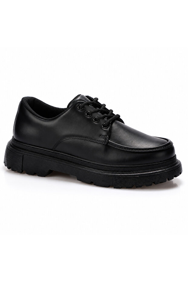 Men's Matte Black Laced Thick Soled Classic Shoes with 5 cm Heel