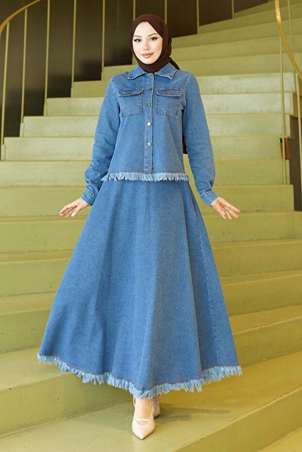 Tassel Detailed Skirted Denim Suit Light Blue 19292