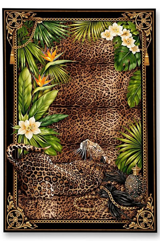 Sdt Gold Framed Tropical Leopard Woven Base Decorative Carpet Sdt652