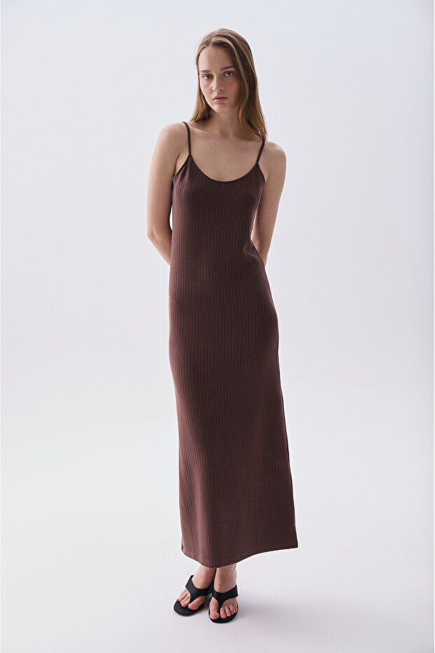 Women's Brown Modal Blend Strappy Long Dress