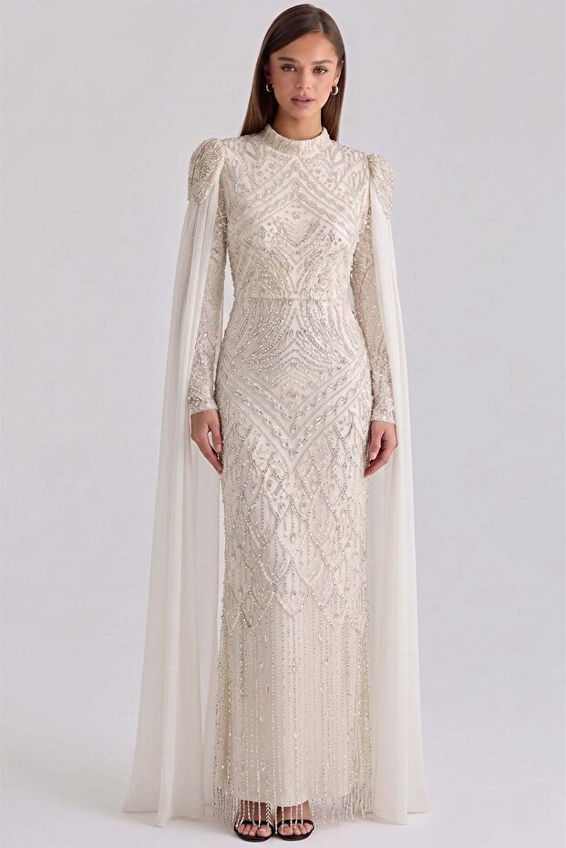 Beaded Patterned Cape Detailed Exclusive Hijab Evening Dress Cream 1093