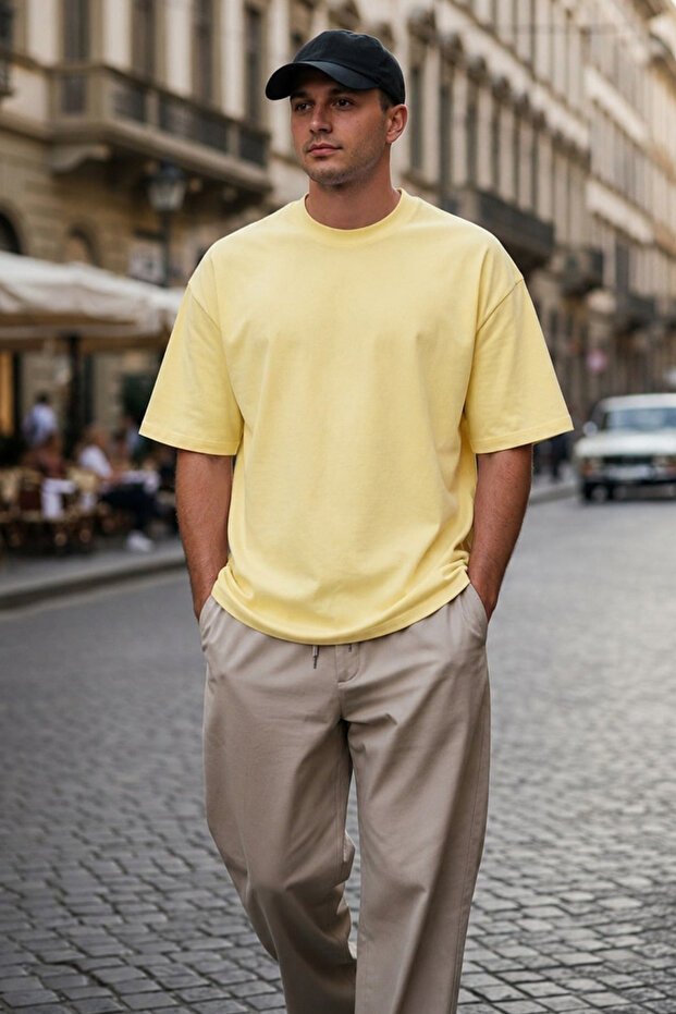 Men's Yellow Oversize Fit Basic T-Shirt 6066