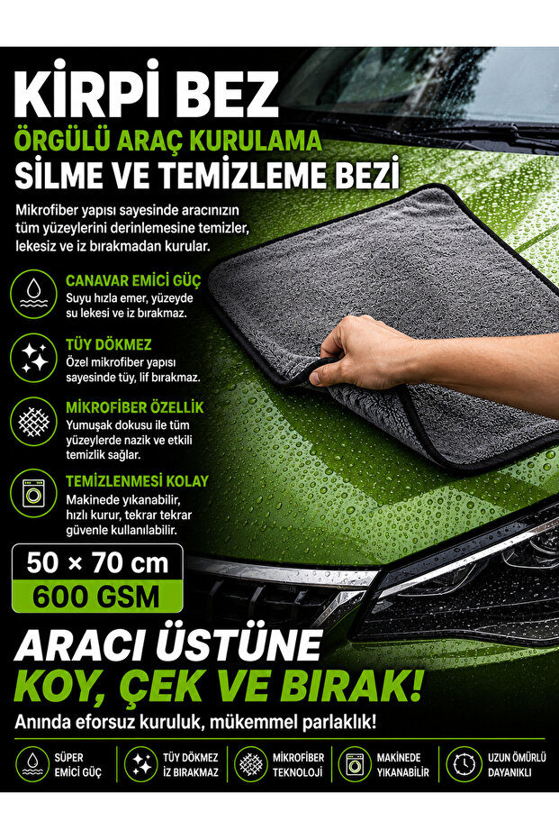 Kirpi Bez | Professional Auto Drying Cloth | Twisted Yarn Ultra Thick Texture | 40X60 cm | 600Gsm