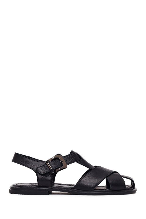 Women's Black Ankle Buckle Leather Sandals 26Sfd341918
