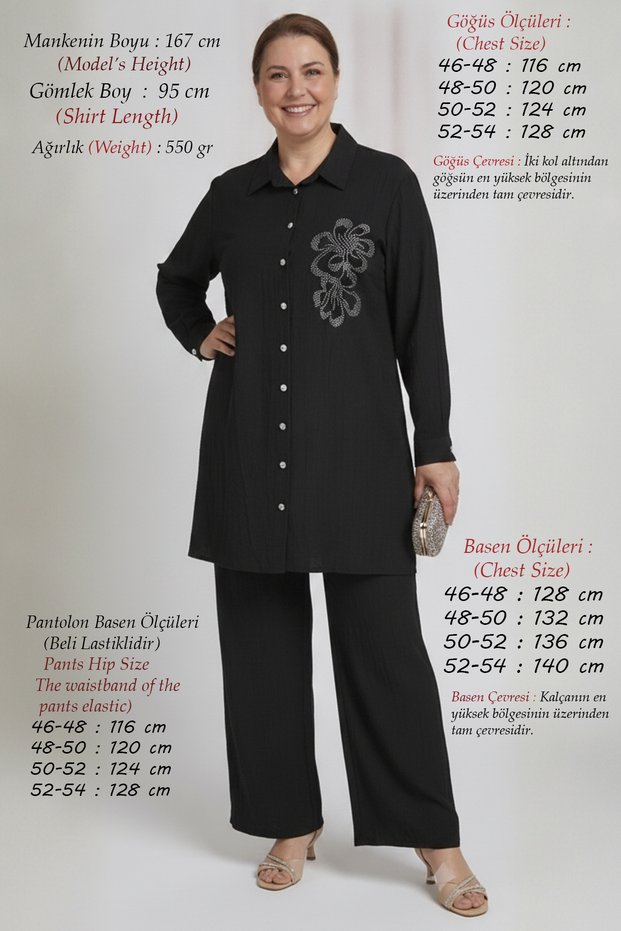 Plus Size Summer Loose Fit Mother's Two-Piece Set with Stone Detail - Light Strawberry Fabric Shirt and Wide-Leg Pants Set