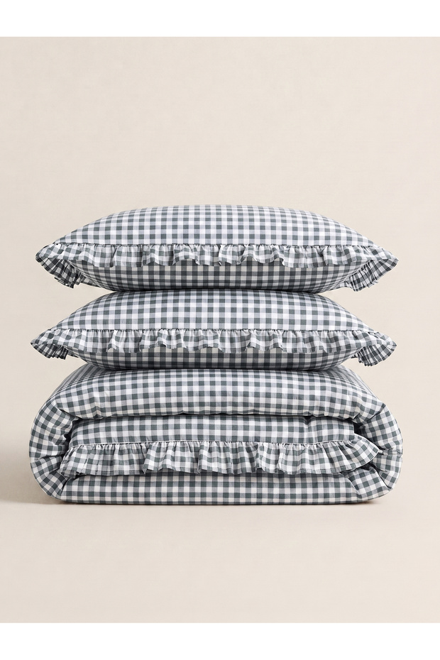 Blue Pöti Square Patterned Ruffled Duvet Cover Set Double / Without Sheets - 5