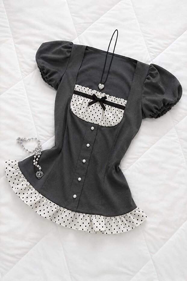 Anthracite Coquette Bridge Detailed Ruffled Lace Y2K Short Sleeve Crop