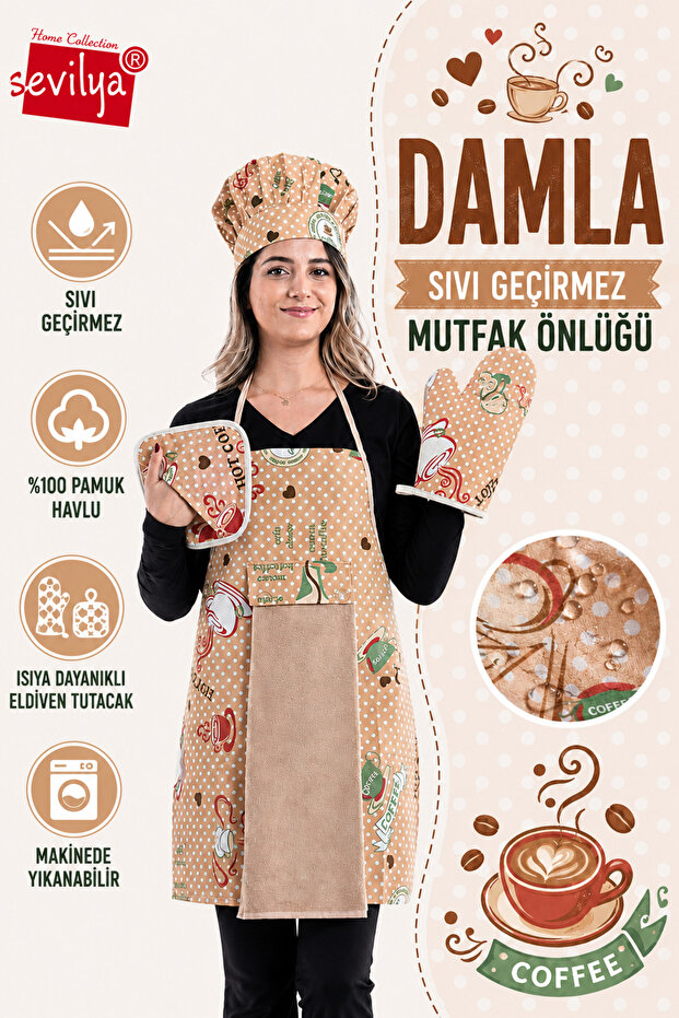 Damla Set of 5 Liquid Proof Waterproof Kitchen Apron Set (Hat, Gloves, Pot Holder)