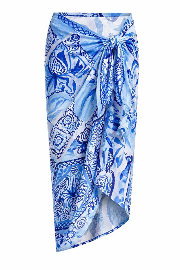Blue Patterned Cotton Pareo Shawl Beach Wear