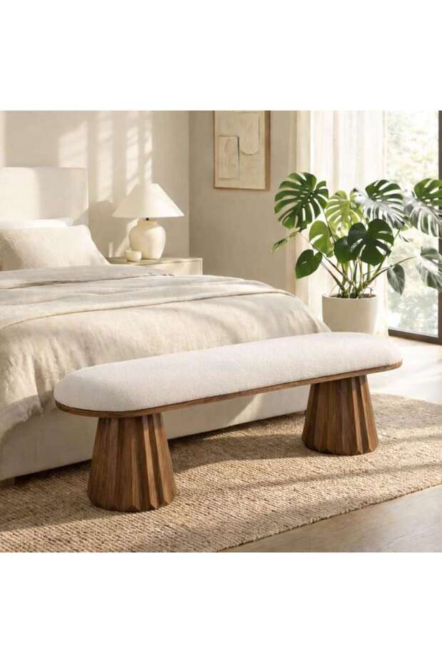 Minda Wooden Bench - Beige & Walnut