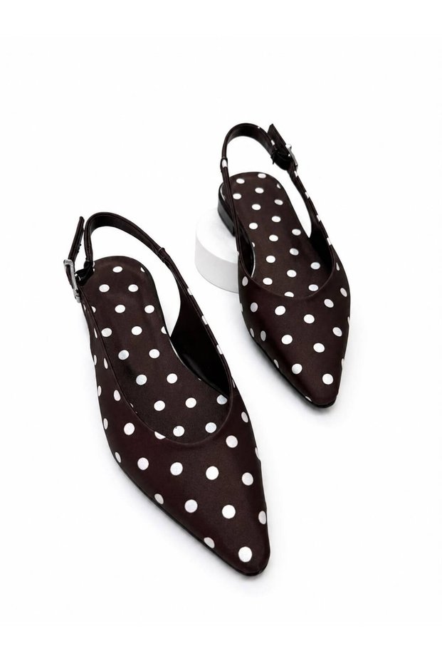 Women's Brown Polka Dot Pointed Toe Slingback Ballerinas Stylish and Comfortable Casual Shoes Jue