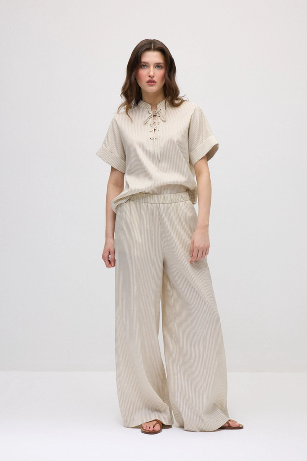 Wide-Leg Elastic Waist Lyocell Trousers - Beige