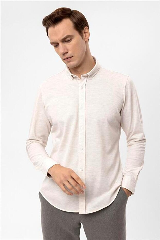 Ekru Slim Düğmeli Yaka Manşetli Casual Gömlek - 4