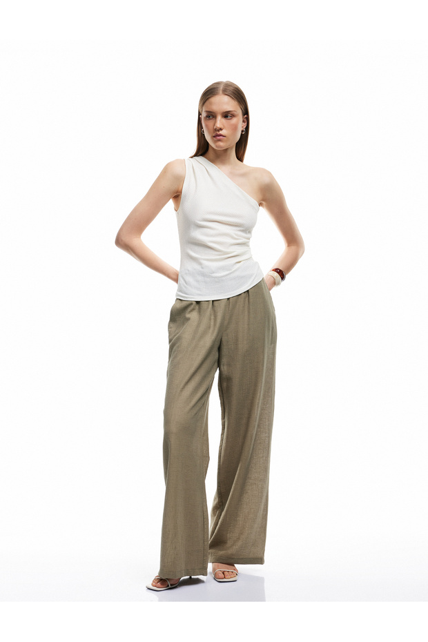 Linen Blend Wide Leg Pants with Lace-Up Pockets at the Waist