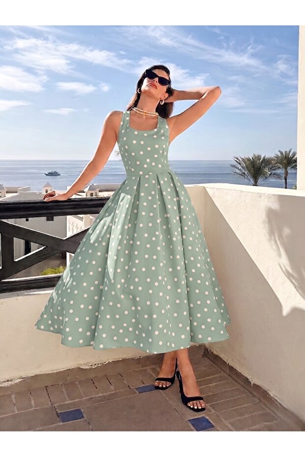 Women's Polka Dot Patterned Long Strap Dress