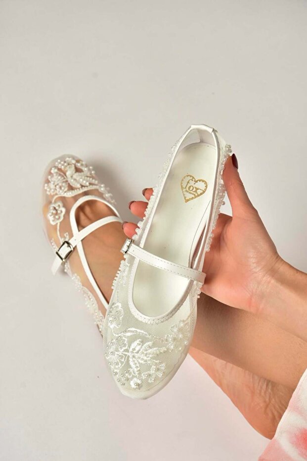 Y726330115 White Pearl Detailed Mesh Women's Ballet Flats