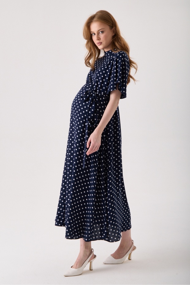 Maternity Polka Dot Pattern 100% Viscose Dress, Short Sleeve Model, Waist Belt, Collar, Long Zipper and Button Detail