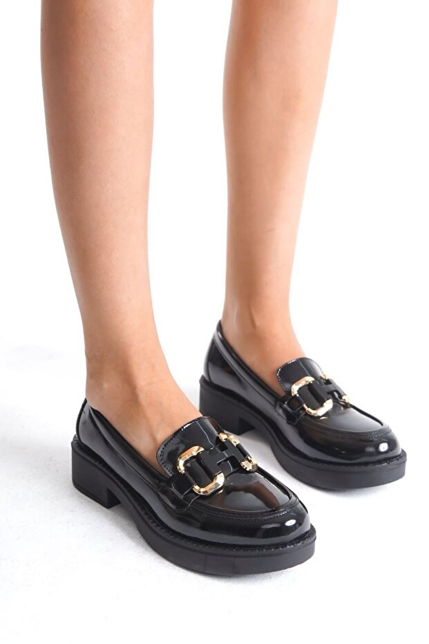 Patent Leather Black Gold Buckle Women's Loafer Tr17Ms02A