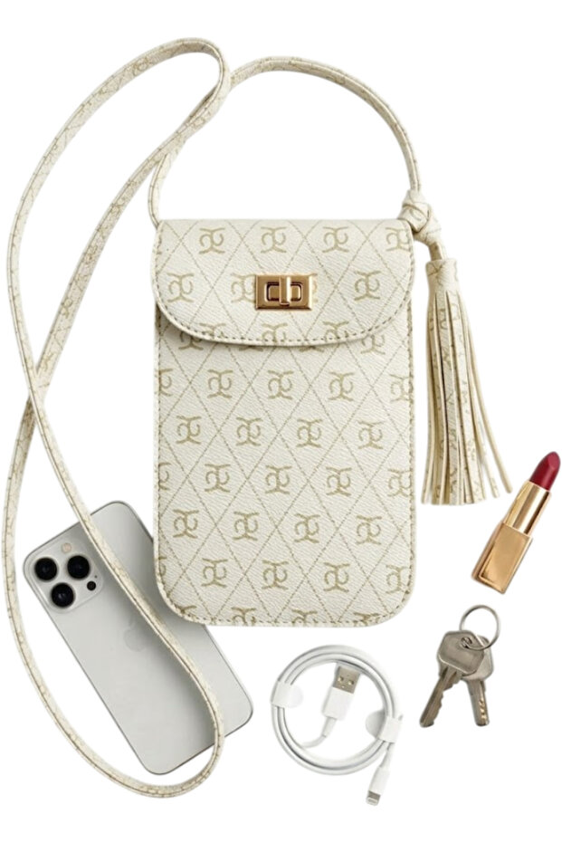 Women's Monogram Patterned Crossbody Bag with Phone Compartment - Tassel Detailed Lockable Mini Bag