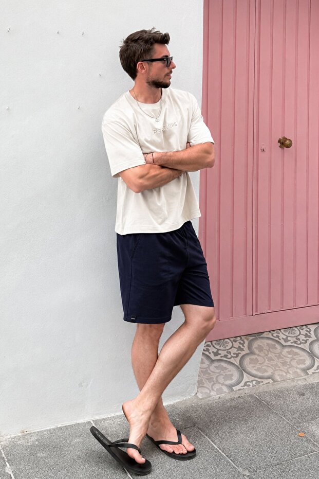 Navy Blue Adjustable Waist Pocketed Short Men's Shorts 6544