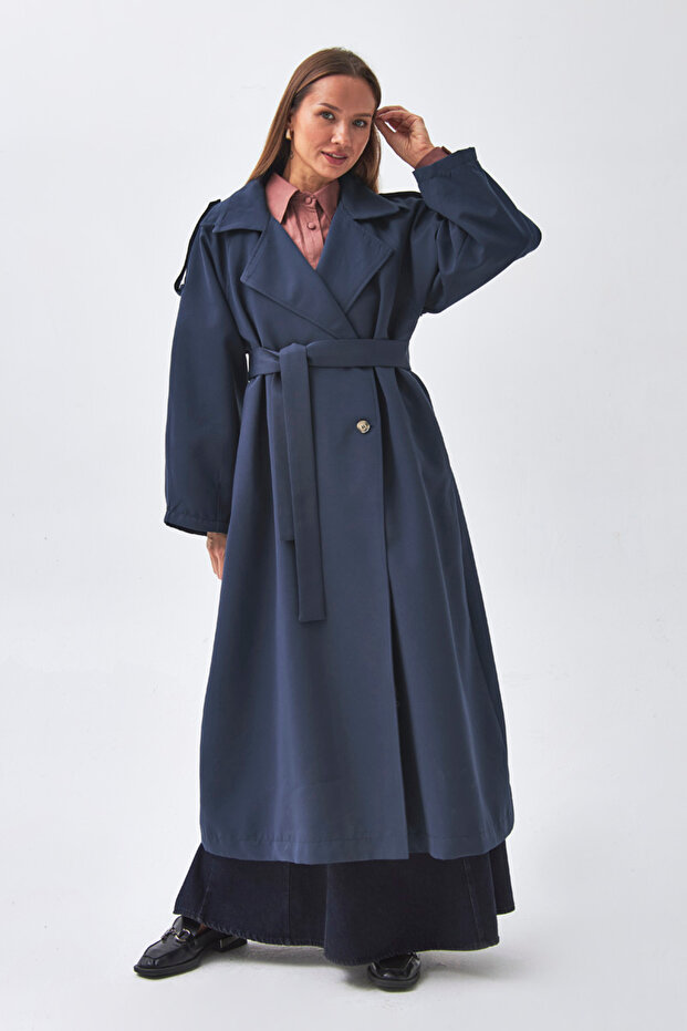 Pens Detailed Double-Breasted Trench Coat Navy Blue
