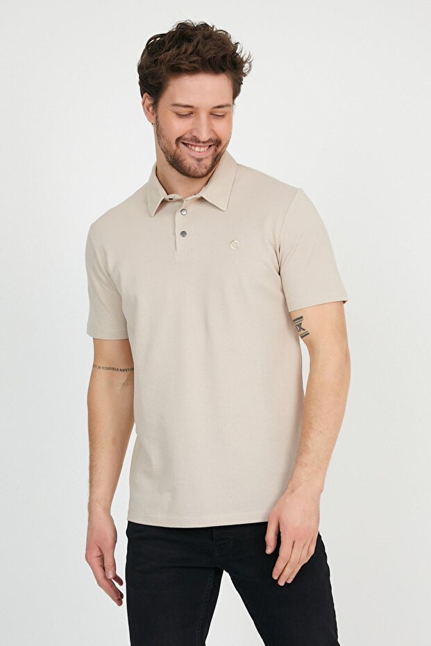 Ανδρικό μπλουζάκι Basic Polo Neck Solid Comfort Beige - 4