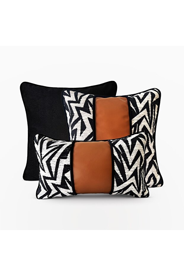 "Line & Leather" Leather Detailed Throw Pillow Cover Set