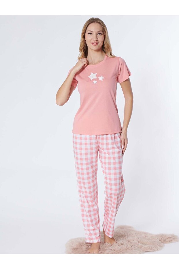 Women's Summer Short-Sleeved Plaid Patterned Pajama Set 78-102