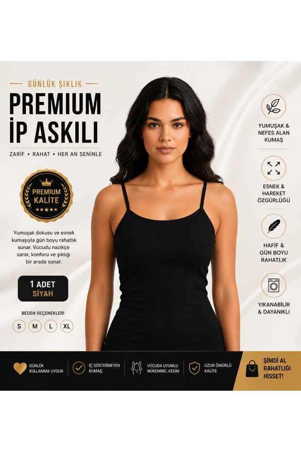 Black Basic String Strap Tank Top - 1