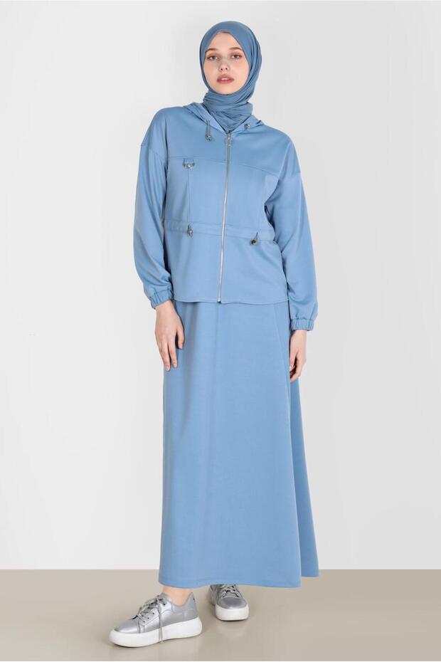 Hooded Zippered Two Skirt Tracksuit Set - 42848