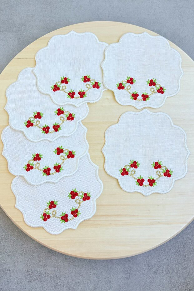 Flower Embroidered Coffee Coaster, Presentation Napkin, Coffee Glass Coaster, 6-Piece Cocktail Napkin