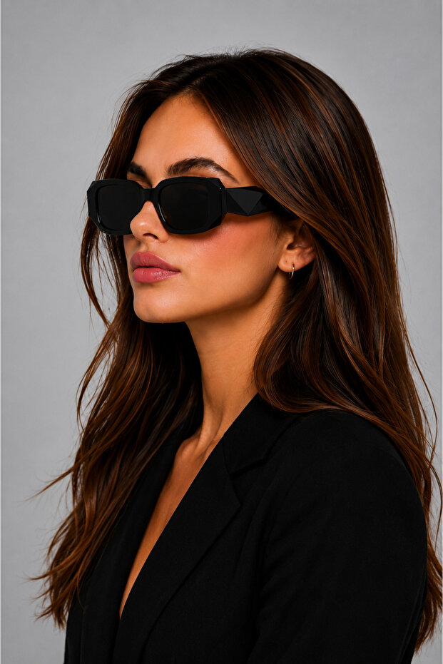 Black Retro Rectangular Model Diamond Cut Shank Sunglasses - 2