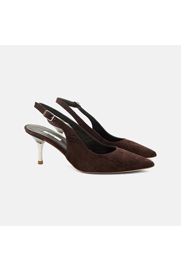 Women's Dark Brown Crocodile Patterned Pointed Toe Suede Stiletto