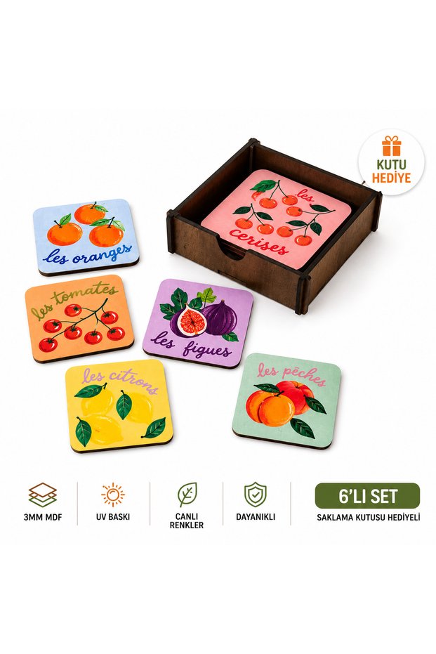 Set of 6 Fruit Patterned Coasters | Uv Printed Mdf Coffee and Tea Coaster | Colorful Kitchen Decor