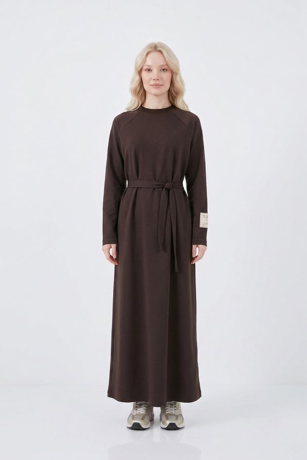 Dress with Sleeve Label Detail - Brown