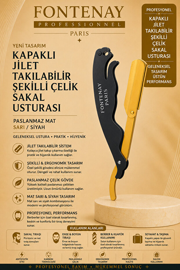 Fontenay Razor with Cover Attachable Shaped Steel Beard Razor - Stainless Matte Yellow/Black