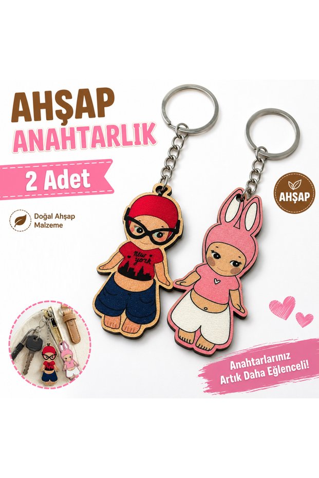 Sonny Angel Style 2-Piece Wooden Keychain Set - New York - Cute Bag Ornament in Pink Rabbit Costume