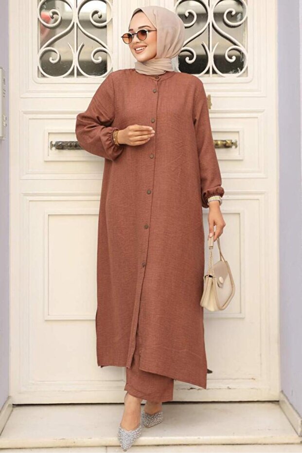 Buttoned Brown Hijab Double Set 19017Kh